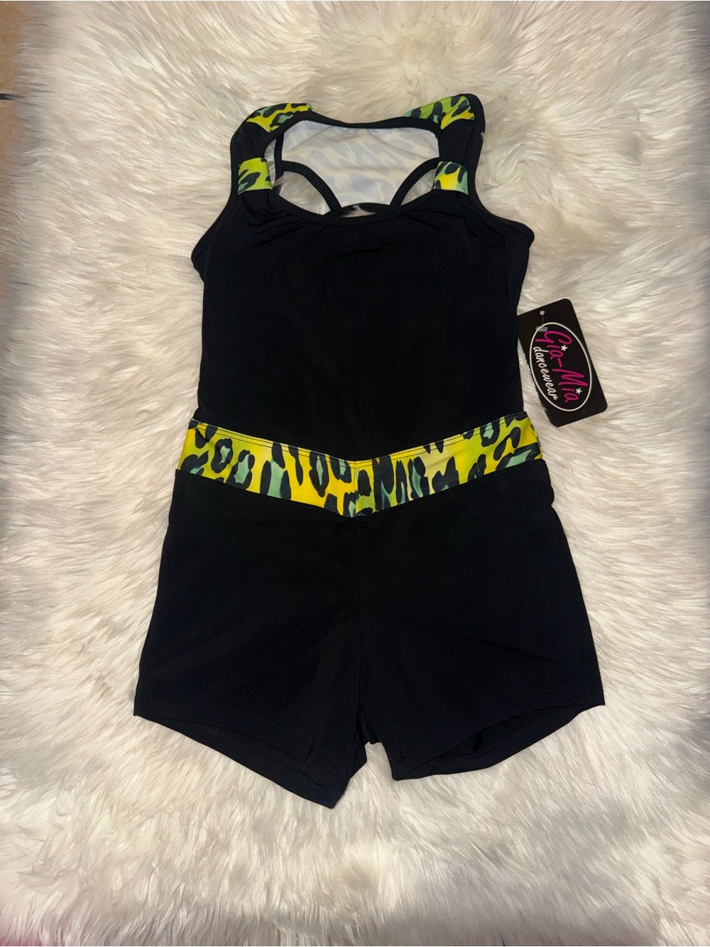 Gia Mia dancewear  Black One-Piece with Neon Yellow-Green Leopard Accent